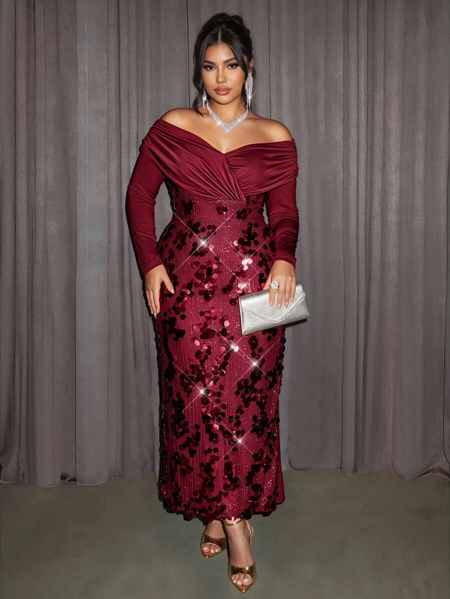 Firerie Plus Size Women Solid Color Off-Shoulder Long Sleeve Sequin Patchwork Fitted Elegant Glamorous Dress - Red - View 1