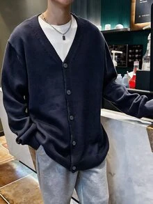 Claim Dot 男士素色單排扣休閒日常開襟衫，秋冬長袖上衣 - 寶藍色 - 查看 4
