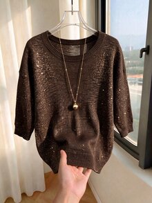 SHEIN 女款春夏秋冬亮麗 Lurex 針織斜裁 V 領上衣，落肩七分袖束口袖 - 咖啡棕 - 查看 8