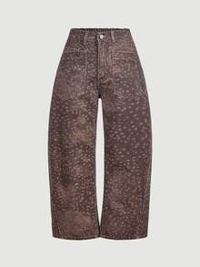 SHEIN PETITE 女款動物印花口袋設計寬鬆休閒牛仔褲 - 摩卡棕 - 查看 4