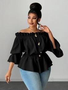 Maweii Plus Size Women Solid Color Off Shoulder Frill Trim Metal Design Blouse Fall - Black - View 2