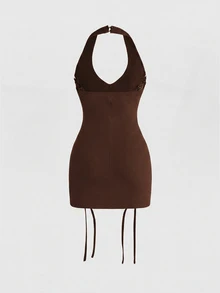 ROMWE Summer Autumn Y2K V-Neck Women's Black Gothic Sexy Rivet Solid Color Fashion Side Cross Strap Backless Mini Dress For Concerts - Brown - View 2