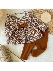 Loomiva 2pcs Newborn Baby Casual Comfortable Leopard Print Pattern Round Neck Pullover Long Sleeve Top And Solid Color Pants Set - Coffee Brown - View 1