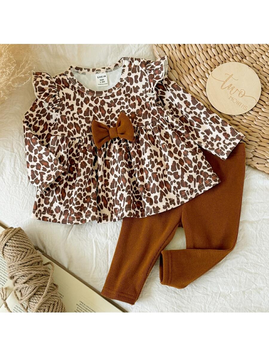 Loomiva 2pcs Newborn Baby Casual Comfortable Leopard Print Pattern Round Neck Pullover Long Sleeve Top And Solid Color Pants Set - Coffee Brown - View 1