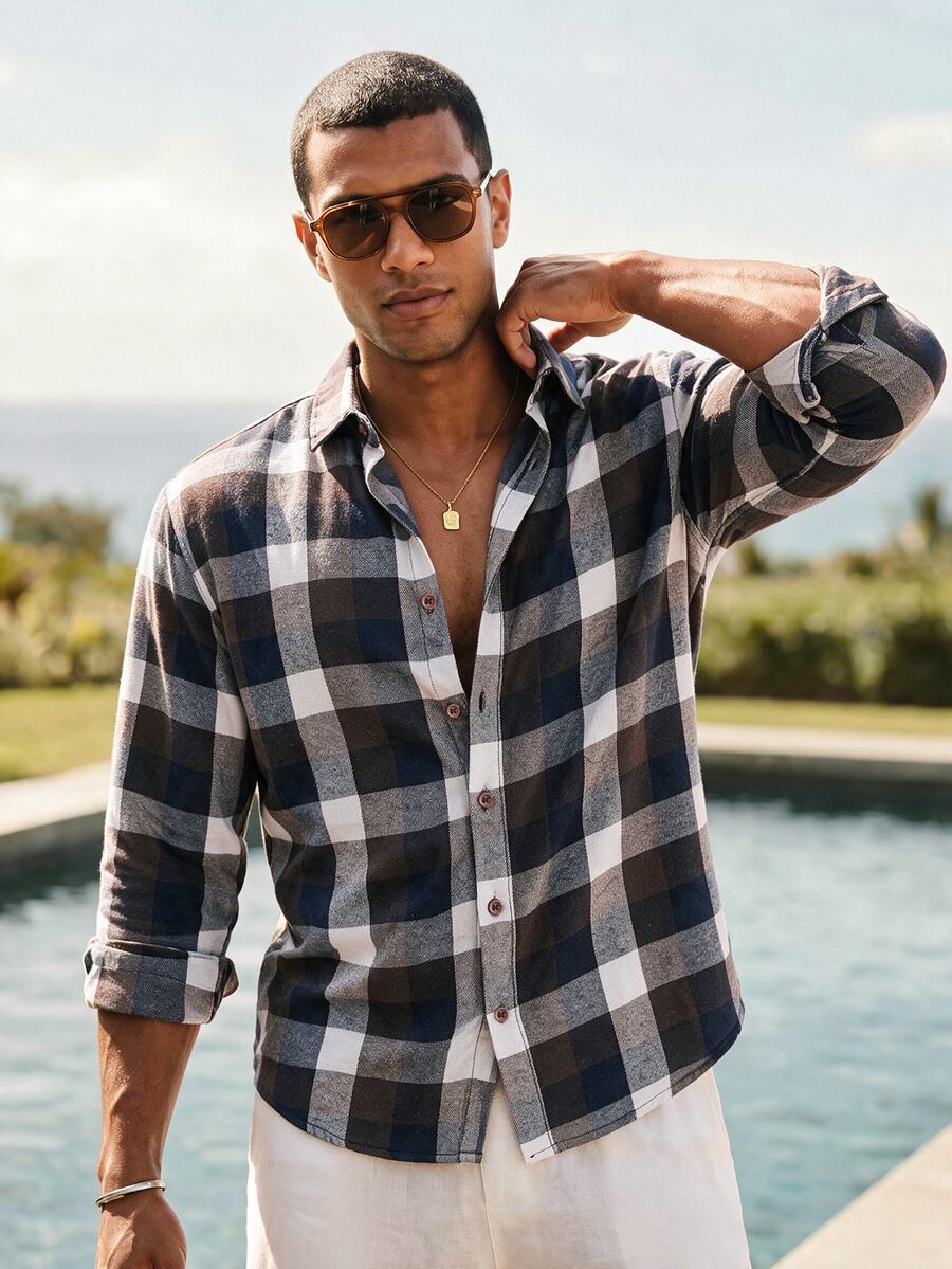Ocevento Men's Plaid Casual Versatile Daily Wear Shirt - Black and White - View 1