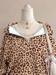 SHEIN EZwear 棕色卡其多巴胺豹紋半拉鍊運動衫，棕色調，秋季休閒街頭風，適合多種場合，Y2K復古風，返校季秋冬上衣 - 彩色 - 查看 5