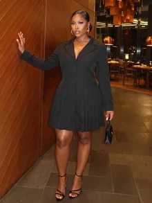 Slaydiva Plus Size Women Solid Color Lapel Neck Long Sleeve Single-Breasted Pleated Hem Casual Dress - Black - View 9