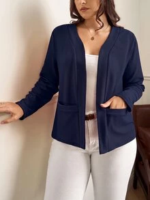 Chikora Plus Size Women's Collarless Pocket All-Match Elegant Minimalist Versatile Comfortable Red Regular Jacket,Fall Clothes For Women Winter Autumn - Navy Blue - View 5