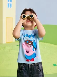 Peppa Pig X SHEIN Young Boy Letter Cartoon Print Casual Daily Short Sleeve T-Shirt - Blue - View 5