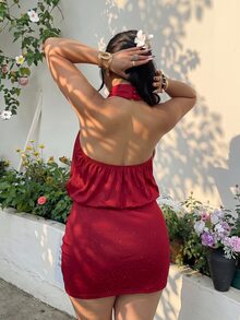 SHEIN EZwear 聖誕派對露肩洋裝 - 酒紅色 - 查看 2