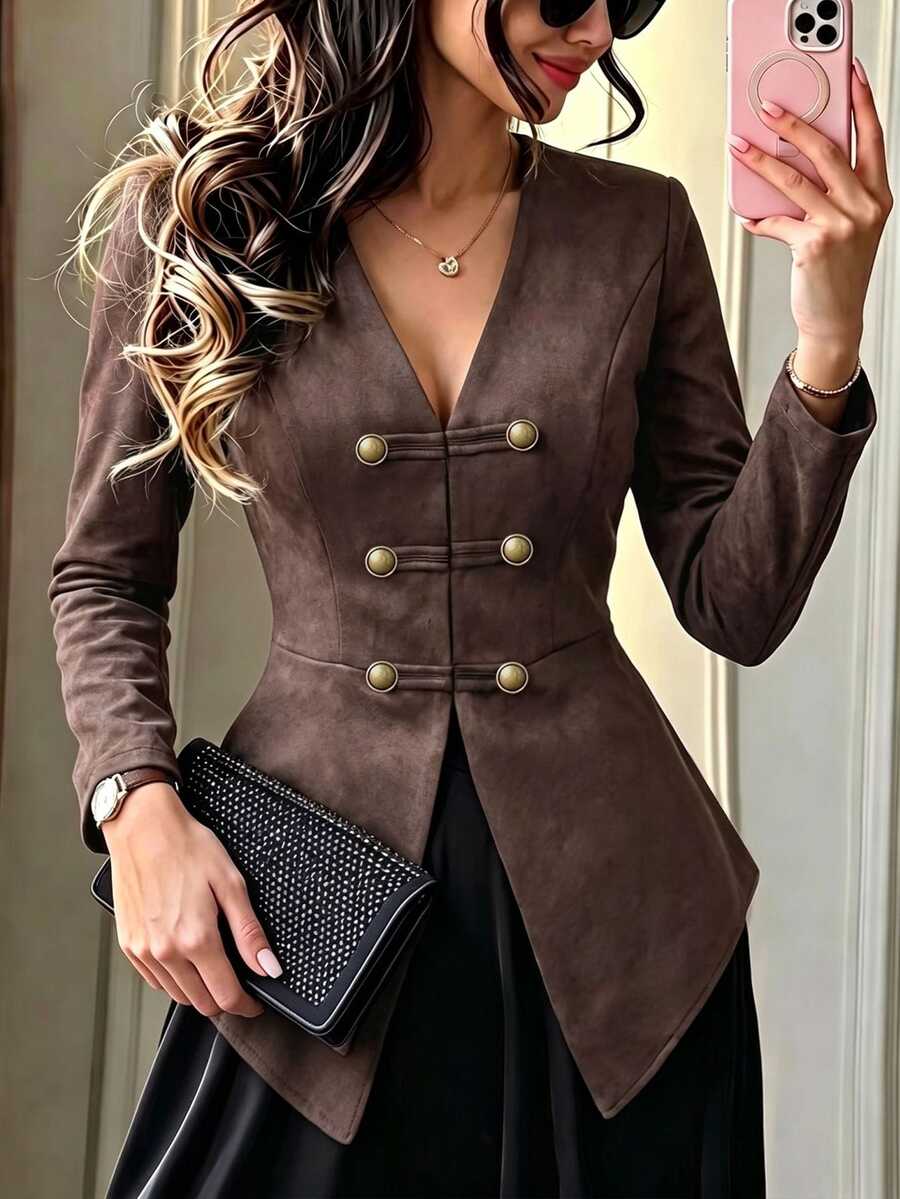 Lucivie Women's Elegant Casual Faux Suede Retro Western Jacket Deep V ...