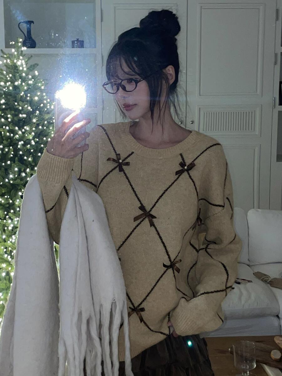 DAZY Women's Round Neck Loose Plaid Bow Decor Casual Pullover Sweater - Camel - View 1