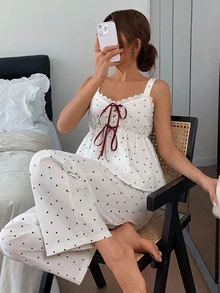 DAZY Polka Dot Print Lace Trim Knot Front PJ Set Fall - White - View 10