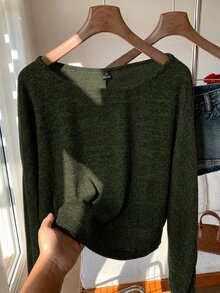 SHEIN EZwear 燈籠袖混色針織毛衣，秋冬款針織毛衣 - 軍綠色 - 查看 2