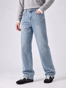 QuarKem Men's Light Wash Blue Denim Jeans Slim Straight Leg Pants - Light Wash - View 2