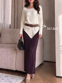Modelyn Women's Solid Color Asymmetrical Hem Asymmetrical Shoulder Sweater And Knit Skirt Elegant 2 Pieces Set - Multicolor - View 5