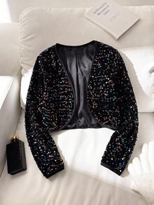 SHEIN 青少年女孩純色長袖亮片開襟夾克，秋冬款 - 黑色 - 查看 7