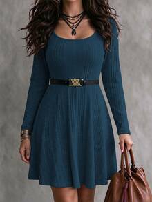 Vionelle Plus Ribbed Knit Scoop Neck Dress Without Belt Fall Cloth For Women - Navy Blue - View 3