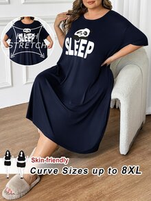 SHEIN CURVE+ 大尺碼舒適熊貓印花圓領休閒可愛睡裙，夏季居家連身裙，晚間牛紋印花 - 寶藍色 - 查看 8