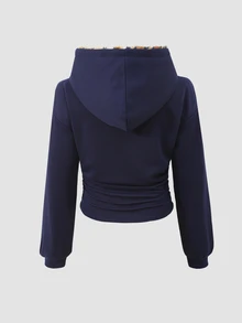 Tween Girl Leopard Star Print Drop Shoulder Ruched Waist Thermal Hooded Crop Sweatshirt - Navy Blue - View 3