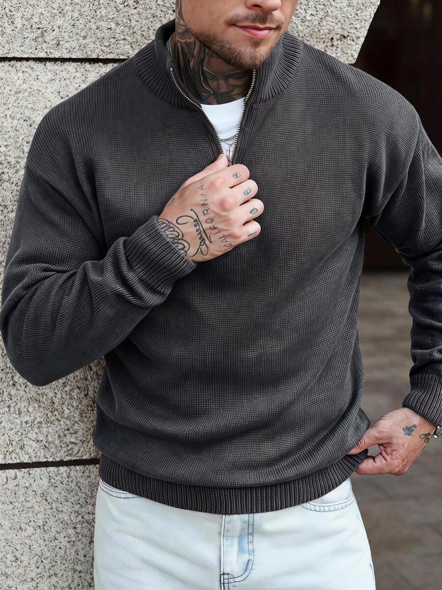 Manfinity Homme 男士四分之一拉鍊純色長袖休閒毛衣 酒紅色 - 灰色 - 查看 1