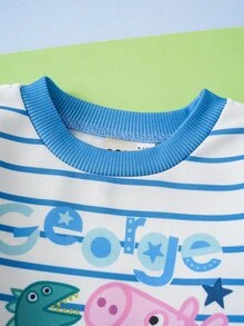 Peppa Pig X SHEIN Baby Boy Letter Cartoon Print Striped Long Sleeve Sweatshirt And Pants Casual Daily Outfit - Blue - View 4