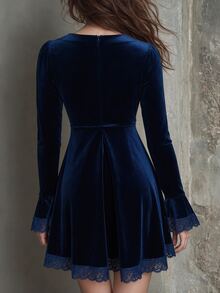 New Women's Fashion Elegant Lace & Velvet Party PATTY Long Sleeve Dress - Blue - View 2