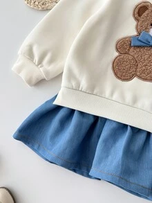 Cozy Pixies Gaun Anak Perempuan Motif Beruang dengan Pita dan Hiasan Tempel, Model 2 in 1 untuk Musim Gugur dan Musim Dingin - Biru - View 5