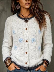 SHEIN Holidaya Women's Floral Embroidered Pattern Casual Daily Wear Cardigan - White - View 3