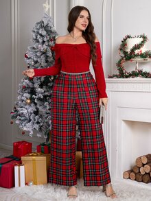 SHEIN Clasi Plus Size Autumn/Winter Christmas Off-Shoulder Patchwork Plaid Burgundy Party Banquet Jumpsuit - Burgundy - View 4