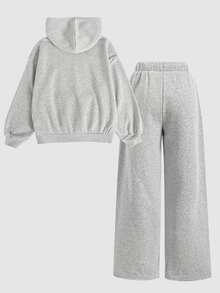 SHEIN 青少年女孩 1件袋鼠口袋落肩連帽衛衣 & 1件寬腿運動長褲套裝 - 灰色 - 查看 6