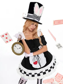 ROMWE Anime Váy mini nữ cosplay Alice Halloween hở vai, dây áo mảnh, phối màu caro - màu đen - Xem 1