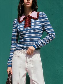 Nöista Women's Geometric Pattern Polo Collar Long Sleeve Casual Sweater - Blue - View 3