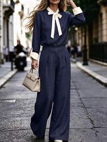 RosyDaze Colorblock Tie Neck Roll Tab Sleeve Shirt & Fold Pleated Wide Leg Pants Set - Blue - View 7