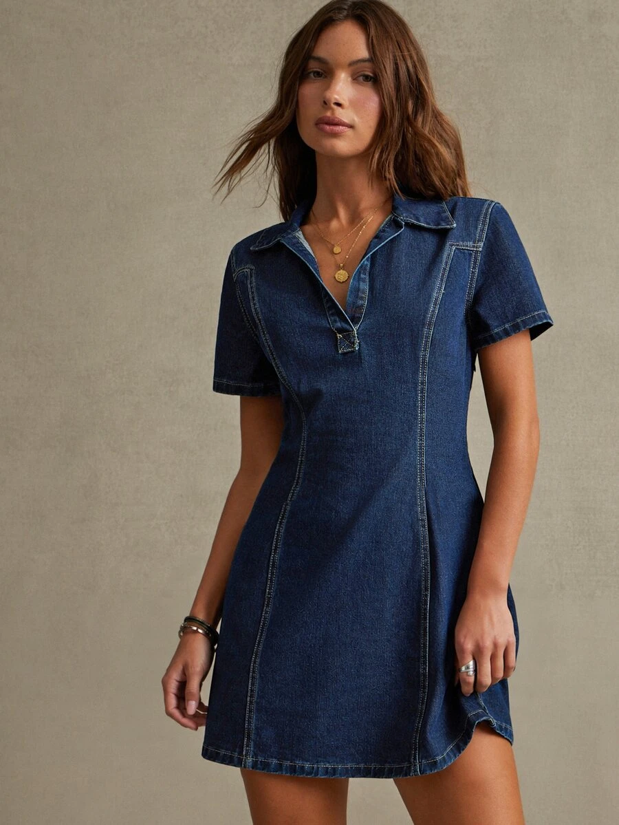 WESTFADE Short Sleeve A Line Denim Mini Dress, Fall, Autumn Clothes, Winter Outfit, Cowgirl, Western, Country Concert, Boho, Cute, Festival, Thanksgiving - Dark Wash - View 1