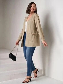Chikora Plus Size Black Knit Pocket Loose Fit Cardigan With Pockets,Business Casual Woman Winter Fall Autumn - Camel - View 4