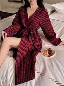 DAZY 女款格紋翻領寬鬆長款睡袍，夏季睡衣 - 紅色 - 查看 3