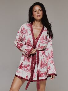 MUSERA Christmas Printed Satin Contrast Hems Tie Wrap Short Dressing Gown Winter Christmas Holiday Cute Sexy Christmas Check - Multicolor - View 1