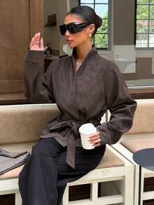 Muchica Women's Solid Color Waist Tie Casual Versatile Daily Long Sleeve Jacket - Brown - View 6