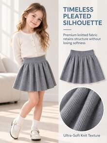 SHEIN Girls' Autumn/Winter Knitted Skirt, Solid Gray, Elastic Waist, Flared Pleated Umbrella Style. Soft Woolen Fabric, Comfortable Wear Without Tight Waist, Suitable For Daily Matching With Sweaters And Tops, Simple And Versatile - Black - View 7