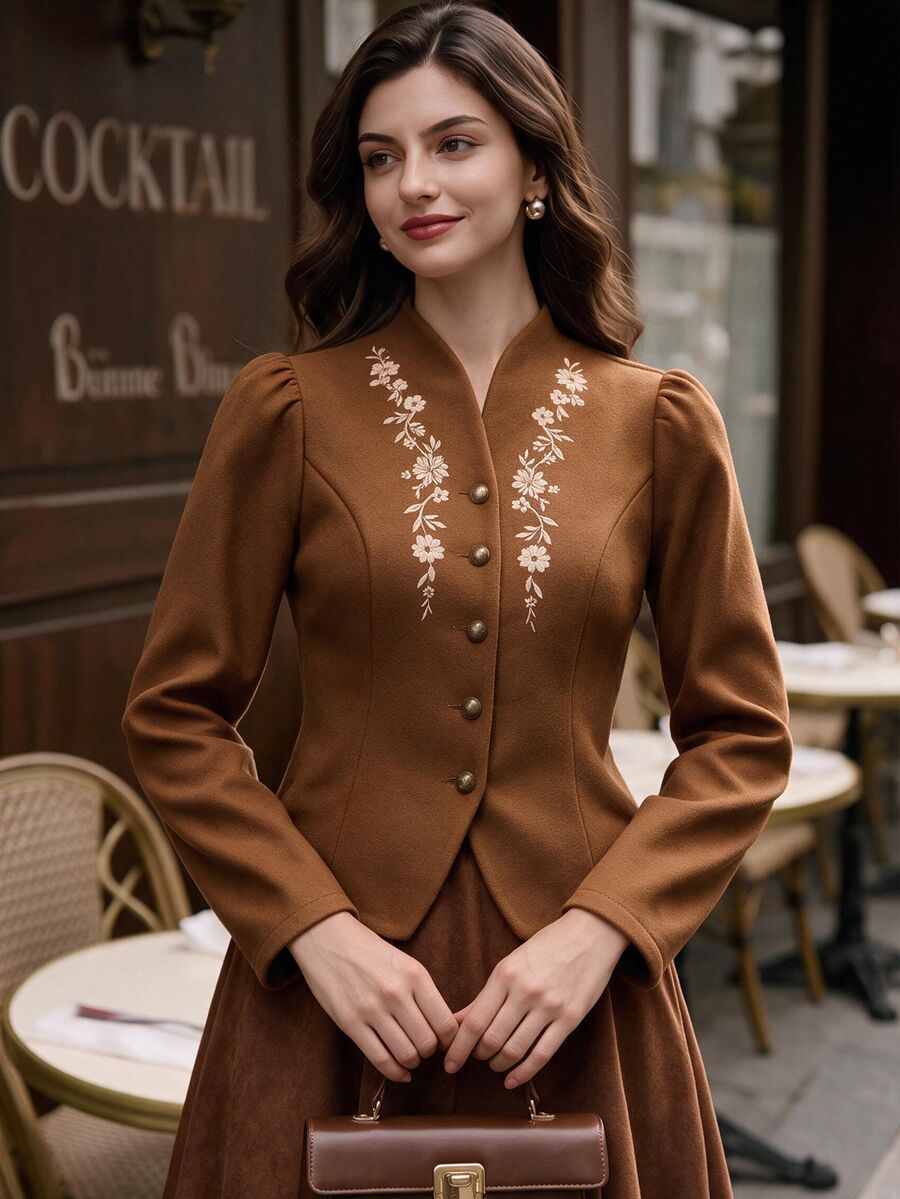 Vintamour Women's Floral Embroidered Long Sleeve Single-Breasted Overcoat - Brown - View 1
