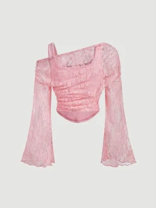 SHEIN MOD White Open Shoulder Lace 2-In-1 Flared Sleeve Long Sleeve Women's Top, Autumn, Festival, Party Tea Party, Beach, Wedding, Romantic - Pink - View 2