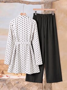 Rusticease 女款波點圖案長袖襯衫與長褲休閒復古 70 年代 2 件套秋季波點旅行米色 - 黑與白 - 查看 2