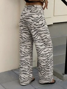 SHEIN Tall 女款斑馬紋口袋直筒休閒牛仔褲 - 彩色 - 查看 2