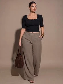 SHEIN BAE CURVE 大尺碼女款格紋休閒日常穿搭連身褲 - 酒紅色 - 查看 3