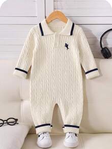SHEIN 男嬰針織拼色領口半排扣休閒秋冬毛衣連身衣 - 彩色 - 查看 3