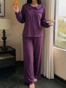 DAZY 甜美碎花無袖背心上衣與修身九分褲2件組，女款春夏睡衣套裝 - 紫色 - 查看 4