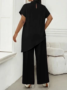 SHEIN Lady 大尺碼女款純色立領休閒優雅百搭日常穿著上衣 正式早午餐酒紅色夏季 - 黑色 - 查看 2