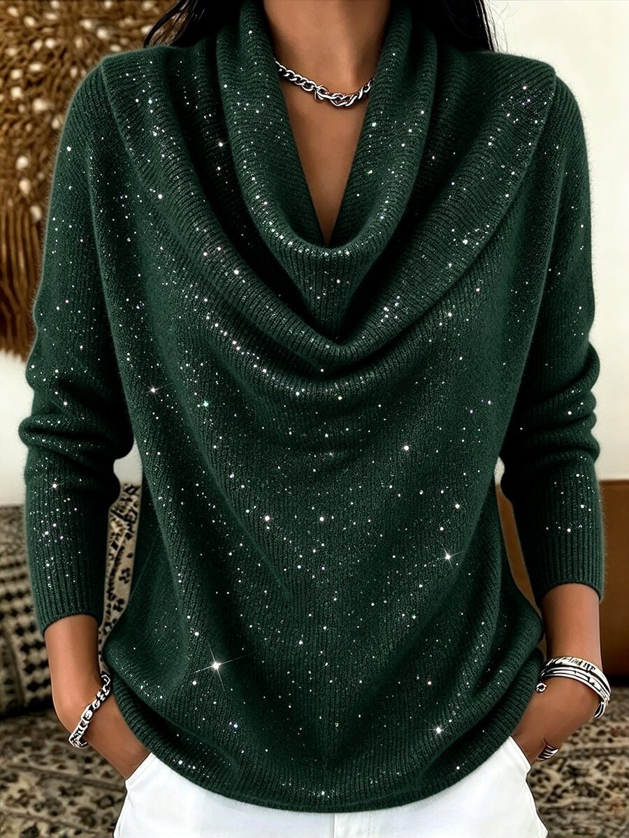 SHEIN Franclia Women's Solid Color Cowl Neck Long Sleeve Casual Top - Dark Green - View 1