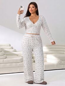 Solflare Plus Size Floral Print Long Sleeve Top And Drawstring Waist Pants 2 Pieces Set,Fall,Winter,Casual,Going Out - Multicolor - View 4